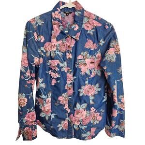 Guess Womens Floral Denim Shirt Y2K Snap Cowgirl Americana Edgy Feminine Size M